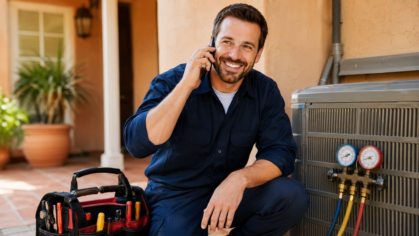 A friendly home-services tradesperson taking a call on a job site