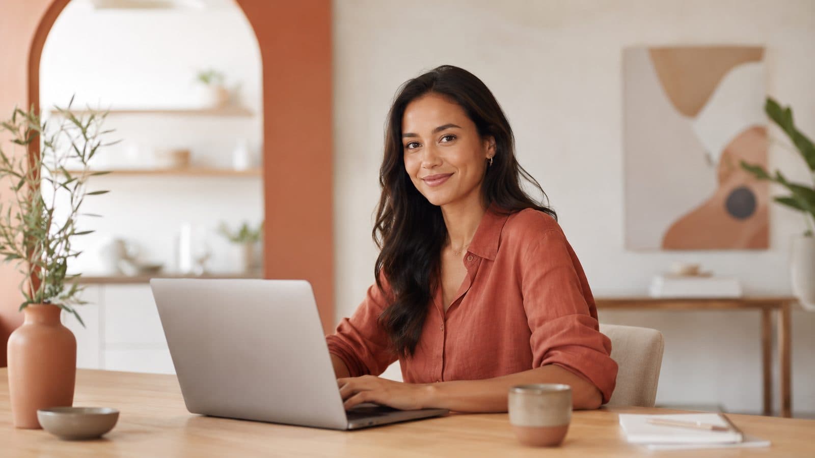 Small-business owner working calmly at a laptop in a bright modern workspace